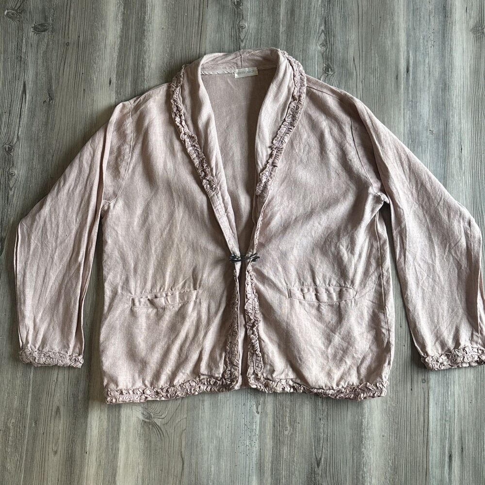 Krista Larson Pink Linen Blazer With Ruffle Detail Hand Made In USA One Size